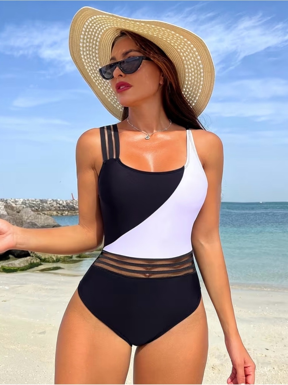 Women’s One Piece Swimsuit Size Medium Black White Colorblock Mesh Waist Stretch